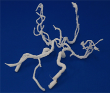 造形直後のサポート付のモデルとサポート除去後のモデル。オーバーハングのサポート材はシステムが自動で生成する。