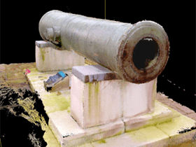 スキャンと同時にカラー画像を取得します。そのためテキスチャマッピングが可能で、対象物にカラー画像を張り付けできます。